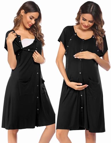 Ekouaer 3 in 1 Labor/Delivery/Hospital Gown Nursing Dress Maternity Nightgown Sleepwear for Breastfeeding with Button S-XXL Wine Red