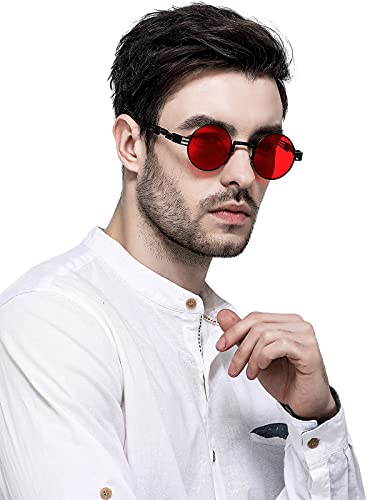 AIEYEZO Round Steampunk Sunglasses Circle Lennon Hippie Glasses Metal Frame 100% UV Blocking Lens (Gold/Ocean Red)