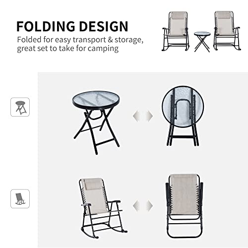 Outsunny 3 Piece Outdoor Rocking Chair Set, Patio Folding Lawn Rocker Set with Glass Coffee Table, Headrests for Yard, Patio, Deck, Backyard, Cream White