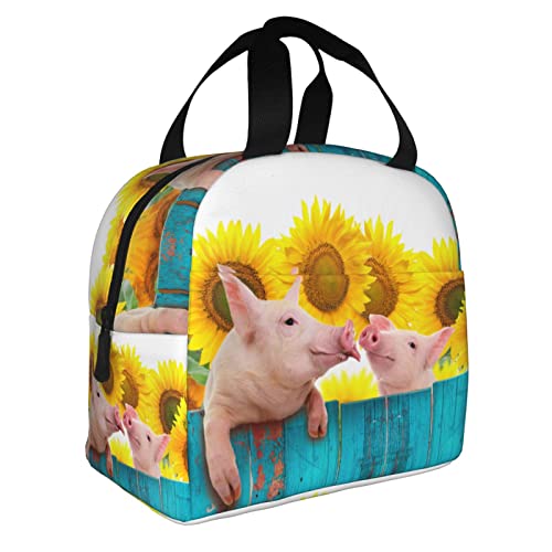 VOOHDDY Funny Pig Sunflower Wood Insulated Lunch Bag For Men Women Reusable Lunch Box Container Waterproof Portable Cooler Thermal Tote Bag For Work Office Picnic Beach Travel