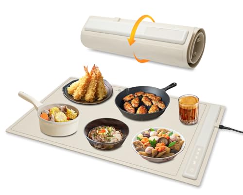 Food Warmer Mat, BRAVESTONE Electric Portable Silicone Warming Plate, Roll Up Heating Tray for Food, 3 Heat Levels, 24x15.7, Cream