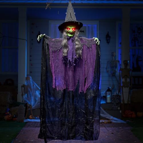 JOYIN 72” Hanging Witch Decor Halloween Decorations Outdoor, Flying Witch Life Sized Sound Activated Light Up Eyes Party Supplies Garden Haunted House Front Porch Door Scary Modern