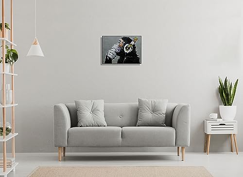 Banksy Wall Art Thinking Monkey with Headphones Enjoying Music Graffiti 3D Print simulation hand painted texture on canvas painting Mural Framed Matted 3D Brushstroke 17x24"