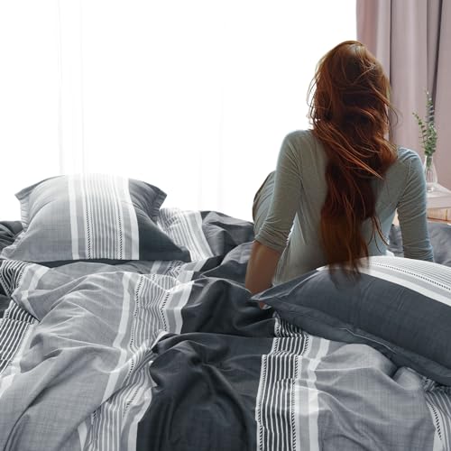 PHF Twin Comforter Set - 2 Pieces Soft Striped Bedding Comforter Sets, Charcoal Grey Stripe Fluffy Bed Set for All Season, 1 Lightweight Comforter (68"x90") and 1 Pillowcases (20"x26")