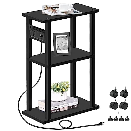 TUTOTAK Small Narrow Side Table with Charging Station, Skinny End Table for Small Spaces, Slim Nightstand with USB Ports and Outlet, Sofa Beside Table with Wheels, Black TB01BK046