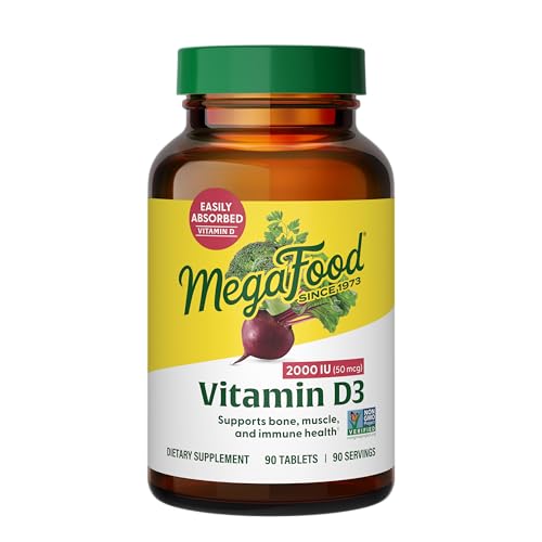 MegaFood Vitamin D3 2000 IU (50 mcg) - Vitamin D Supplements With Real Food, Immune Support, Supports Bones, Teeth & Muscles, Vegetarian, Certified Non-GMO, Kosher – 90 Tablets, 90 Servings