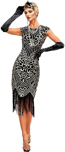 Womens Flapper Dress w/Cap Sleeves Art Deco Sequin Beaded Fringe 1920s Great Gatsby Party Dress w/Accessories Set Black Gold