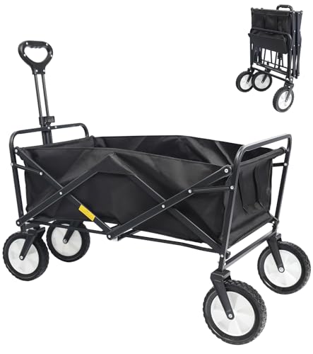 Collapsible Folding Outdoor Utility Wagon, Beach Wagon Cart with All Terrain Wheels & Drink Holders, Portable Sports Wagon for Camping, Shopping, Garden and Beach (Black/1 Year Warrant Extra Large)