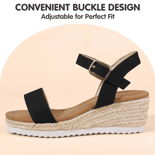PANDANINJIA Girls Wedge Sandals Platform Espadrille Little Big Kid Girls Black Heels Open Toe Summer Dress Shoes Size 1