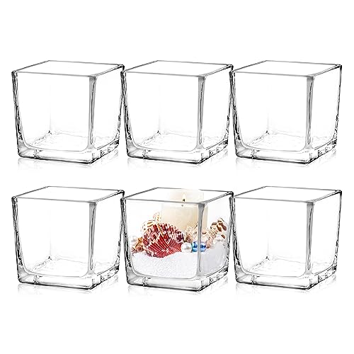 Comrzor Set of 6 Square Glass Vases 3" x3" x 3", Clear Flower Vases for Centerpieces, Candle Holder for Wedding Party Events, Home Décor