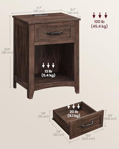 VASAGLE Farmhouse Nightstand with Charging Station, Bedside Table with Drawer, Open Compartment, Side Table with Storage, for Bedroom, Maroon Brown ULET659K51