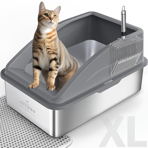 Enclosed Stainless Steel Cat Litter Box with Lid, XL Extra Large Litter Box for Big Cats with Cat Mat and All-Metal Litter Scoop (Beige, X-Large)