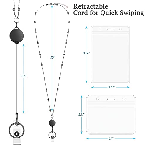 Vzrflee Retractable Badge Reel Lanyard with 2 Pieces ID Holder for Women, Fashion Beaded Chain Premium Stainless Steel Lanyard Necklace Water Resistant Name Badge Holder (Black)