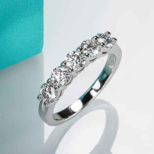 AnuClub 5 Stone Moissanite Wedding Band 1.5cttw D Color Lab Diamond 14k Yellow Gold Plated Silver Eternity Rings, Christmas Gift For Women With Certificate 10