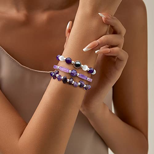 Risyfjew Amethyst Bracelets for Women Natural Stone Healing Beaded Bracelet Stress Anxiety Relief Moonstone Stretch Jewelry Gift for Women