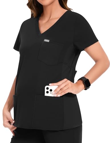 POSHGLAM Women's Maternity Scrubs Top Workwear V-Neck Medical Shirts Pregnancy Scrub Clothes(Black, Small)