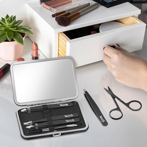 TsMADDTs Tweezers Set for Men - Professional Eyebrow Tweezers - Precision Tweezers for Hair & Ingrown Hair Plucking with Scissors, Mirror, Travel Case (Black)