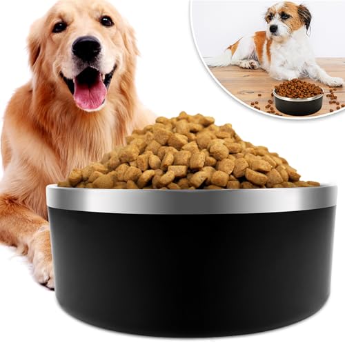 IKITCHEN Dog Bowl for Food and Water, 40 Oz Stainless Steel Pet Feeding Bowl, Durable Non-Skid Double Wall Insulated Heavy Duty with Rubber Bottom for Medium Large Sized Dogs (40 Ounces/5 Cup, Black)