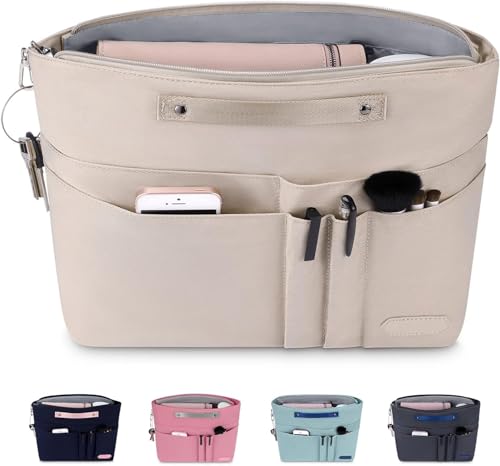HyFanStr Purse Organizer Insert for Handbags,Tote Bag Organizer Insert Zipper Bag for Women, Handbag Organizer Inside Liner with 15 Pockets, Beige