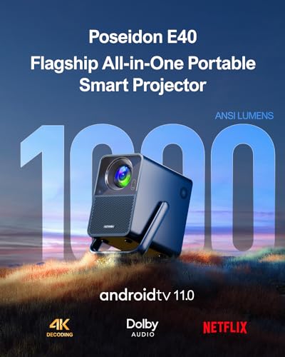 ULTIMEA Projector 4K Decoding Android TV 11.0 with Netflix, 1000 ANSI Lumens Projector Native 1080P, Projector with WiFi 6 Bluetooth 5.3, Portable Home Cinema Proyector, Poseidon E40