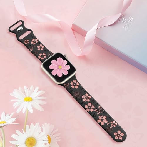CreateGreat Floral Engraved Band Compatible with Apple Watch Band 40mm 41mm 38mm, Two-Tone Soft Silicone Cute Flower Sport Strap for iWatch Bands Women Series 9 8 7 6 5 4 3 2 SE,Ultra/2-BK/PK