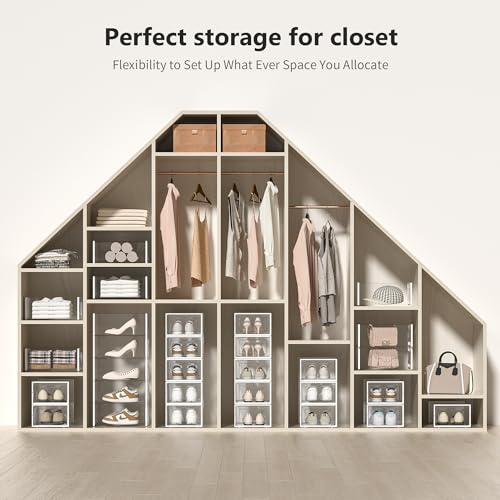 Kuject Large Crystal Clear Shoe Storage Box, Stackable Shoe Organizer for Closet, Space Saving Sneaker Shoe Container Bins, Foldable Display Shoe Rack Holder for Entryway, 12 Pack