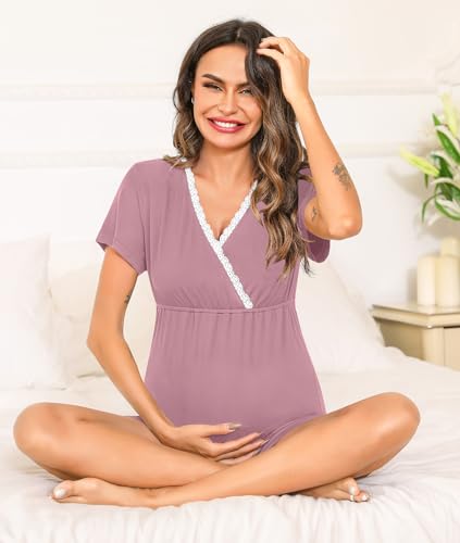 SWOMOG Womens Maternity Nursing Pajamas Set 2PCS Pregnancy Pjs Labor and Delivery Breastfeeding Pajamas After Birth Nursing Pjs Postpartum Lace Sleepwear Short Sleeve Tops & Shorts Black