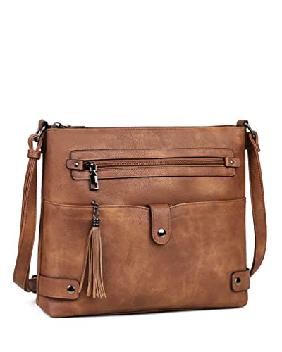 FADEON Large Crossbody Bags Purses for Women Crossbody Bag, Designer Leather Cross Body Purse Multi Pocket Shoulder Bag Brown
