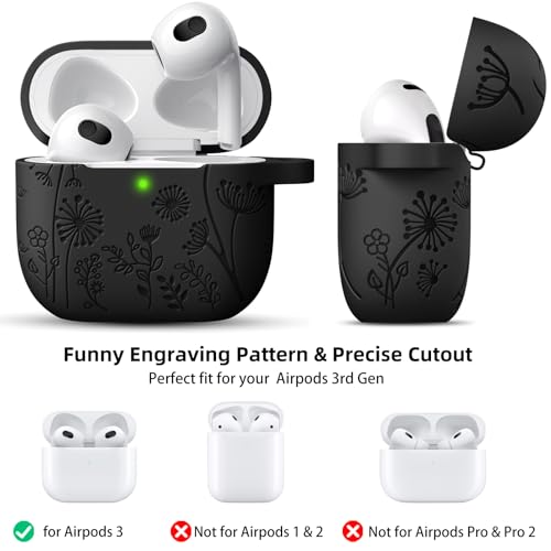 Lerobo Flower Engraved Case Compatible with AirPods 3rd Generation Case Cover with Keychain, Silicone Skin Cover for Apple AirPods 3rd Generation,Full Protection,Front LED Visible,Mint Green