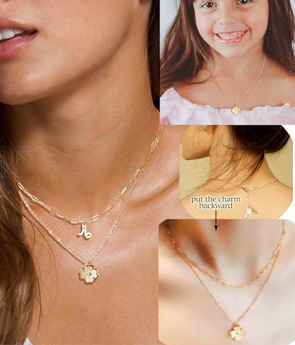 FROMORF Non Tarnish Lucky Clover Initial Necklaces for Teen Girls Women, Layered Cute Letter Pendant Necklace 18K Gold Plated/Silver Stainless Steel Paperclip Chain Shamrock Jewelry Gifts