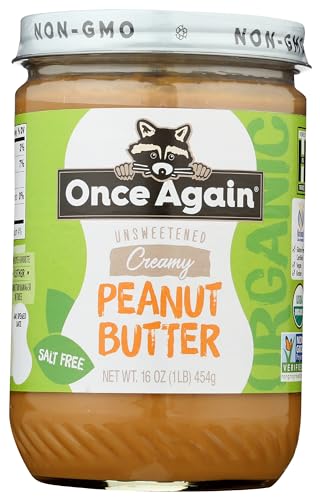 Once Again Organic Creamy Peanut Butter, 16oz - Salt Free, Unsweetened - USDA Organic, Gluten Free Certified, Vegan, Kosher - Glass Jar