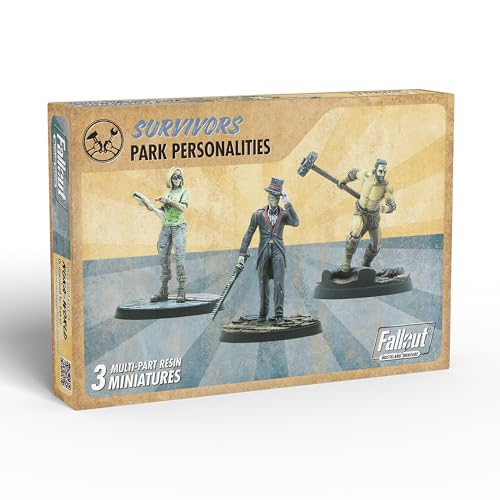 Modiphius: Fallout: Wasteland Warfare - Survivors Park Personalities - 3 Miniatures, 32mm Multi-Part Resin Unpainted Figures, RPG, Scenic Bases