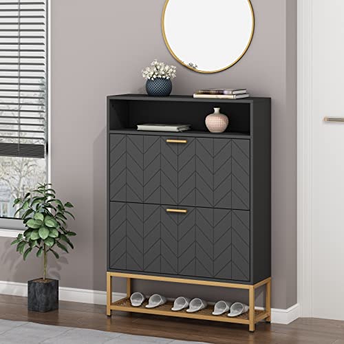 Loomie Shoe Cabinet, Free Standing Tipping Bucket Shoe Rack Organizer with 2 Flip Drawers,Entryway Narrow Shoe Storage with Shelf & Top Cubby,Modern Slim Hidden Cabinet With Doors (Black)
