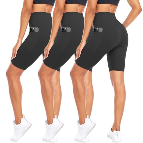 CTHH 3 Pack Workout Biker Shorts with Pockets for Women-8" High Waist Tummy Control Spandex Athletic Yoga Bike Shorts