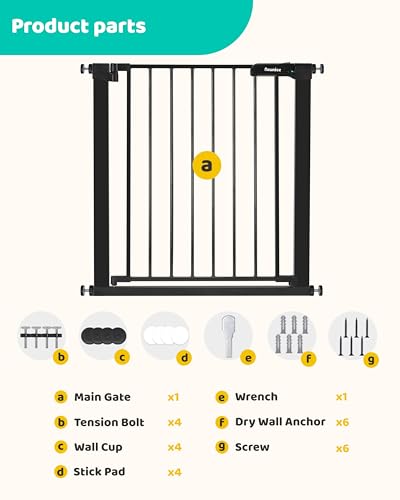 Newnice 29.7"-32.3" Narrow Baby Gate,Easy Install with Auto Close, Fit for Small Stairs & Doorways, Pressure Mounted Gate with Door, No Drill Wall Protected, Pet Gate for Dog,Cat, No Extensions,Black
