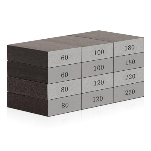 Rocaris 12 Pack Sanding Blocks, Washable and Reusable Sanding Sponge Fine Coarse for Wood and Drywall 60, 80, 100, 120, 180, 220 Grit