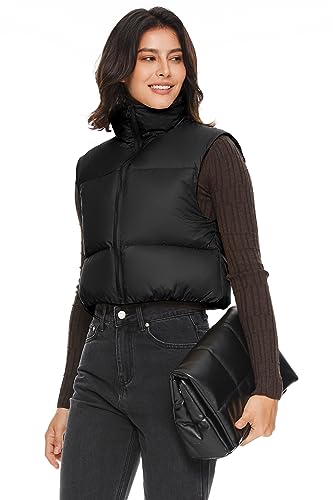 Orolay Women's Cropped Puffer Vest Winter Crop Down Vest Lightweight Sleeveless Outerwear Padded Gilet Black S