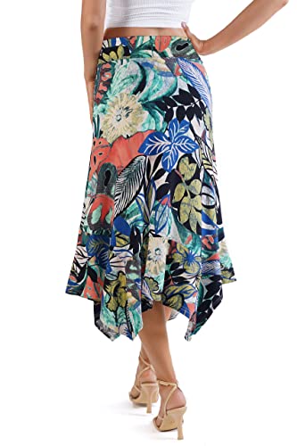 DJT Women's High Elastic Flat Waist Handkerchief Hem Flowy Flared Casual Midi Skirt Black S