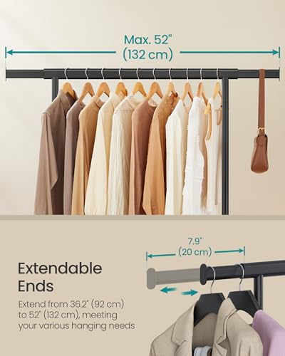 SONGMICS Clothes Rack with Wheels, Heavy-Duty Clothing Rack for Hanging Clothes, Portable, 17.7 x (36.2-52) x 63.6 Inches, with Extendable Rail, 220 lb Load Capacity, Black UHSR13BKV1