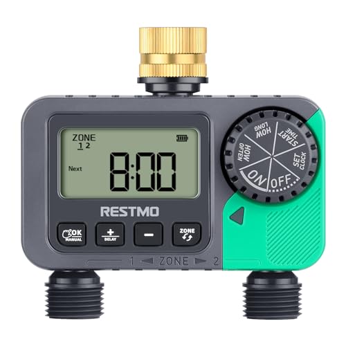 RESTMO Sprinkler Timer with Brass Inlet & Outlet, 2 Zone Programmable Water Timer for Garden Hose, 3 Separate Programs Hose Timer, Manual/Rain Delay/Automatic Watering for Drip Irrigation and Lawn