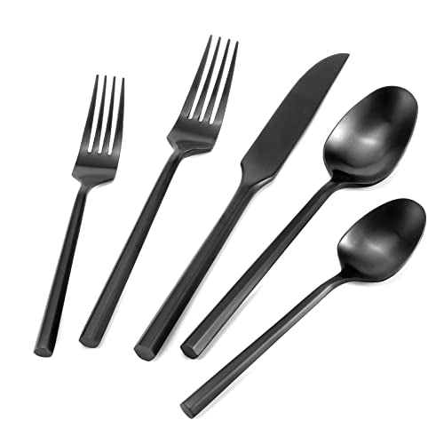 DEACORY Silverware Set Flatware Set Matte Black Cutlery Set Brushed Finished Hexagon Handle Heavy Stainless Steel 20 Pieces Dishwasher Safe Service for 4