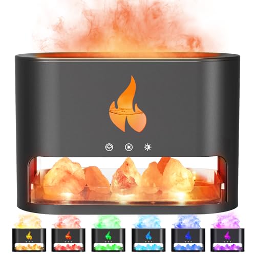 Yaledi Fireplace Flame Diffuser, Aromatherapy Essential Oil 250ml Himalayan Salt Lamp Cool Mist Ultrasonic Humidifier for Bedroom,Office,Home, Auto Shut-Off, Night Light (Black), (M23)