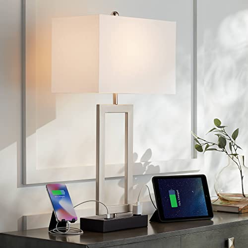 360 Lighting Todd Modern Table Lamp with Hotel Style USB and AC Power Outlet in Base 30" Tall Brushed Nickel Rectangle White Shade for Living Room Bedroom House Bedside Nightstand Home