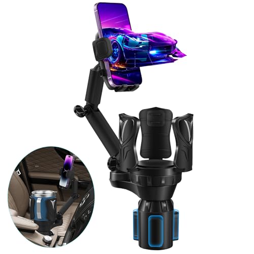 Easkkty Cup Holder Phone Mount with Expandable Holder and Base, Upgraded Universal Cellphone Cradle Car Cupholder (Adjustable) with Long Bracket Fit iPhone All Smartphone (Silver- Phone Holder)