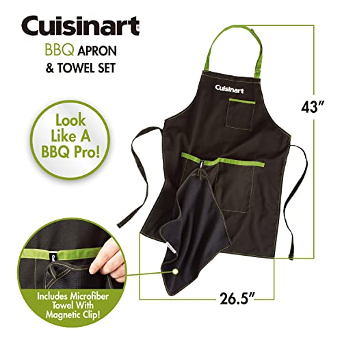 Cuisinart CFA-156 BBQ Apron and Magnetic Towel Set, Adjustable Grill Apron with Large Front Pockets