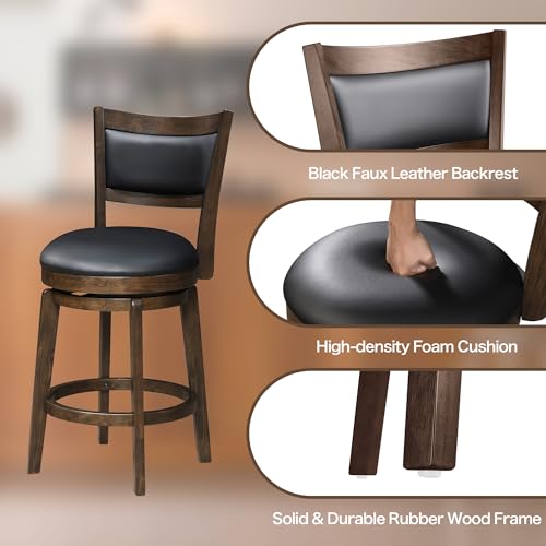 Larksperal 24" Counter Height Barstools Set of 2 - High Back Swivel Bar Stools with Black Faux Leather Upholstered Seat & Solid Wood Footrest, Counter Bar Stool for Kitchen Island & Pub
