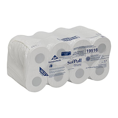 Georgia-Pacific SofPull Centerpull 2-Ply Mini Toilet Paper by GP PRO, 19516, 500 Sheets Per Roll, 16 Rolls Per Case, White