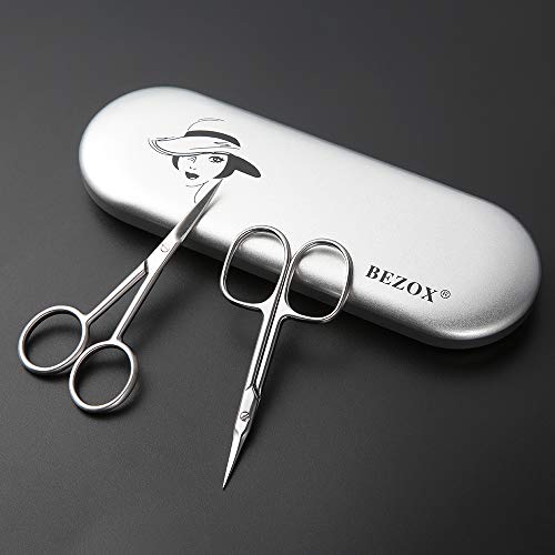 BEZOX Small Scissors 2 PCS Set - Nail Cuticle Scissors/Manicure Scissors Kit - Straight and Curved Blade Beauty Scissor for Beard/Mustache, Nose Hair, Ear Hair, Eyelashes and Eyebrow Trimming