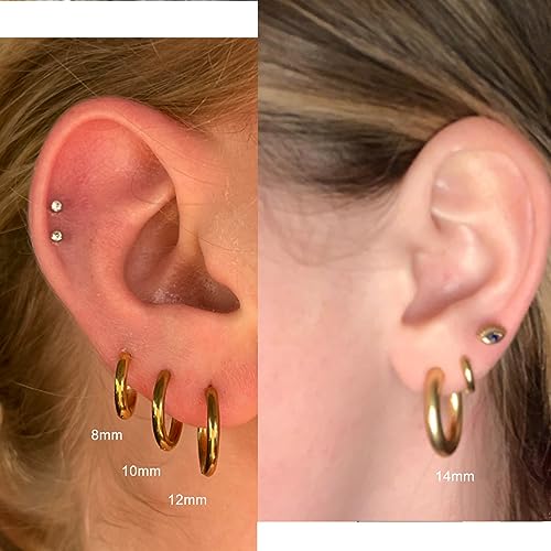 TOLOWOBK Small Gold Hoop Earrings Set for Women 14K Gold Plated Huggie Hoop Earrings 4 Pairs Mens Hypoallergenic Earrings 8mm to 14mm Lightweight Cartilage Multiple Body Piercing Jewelry Gifts