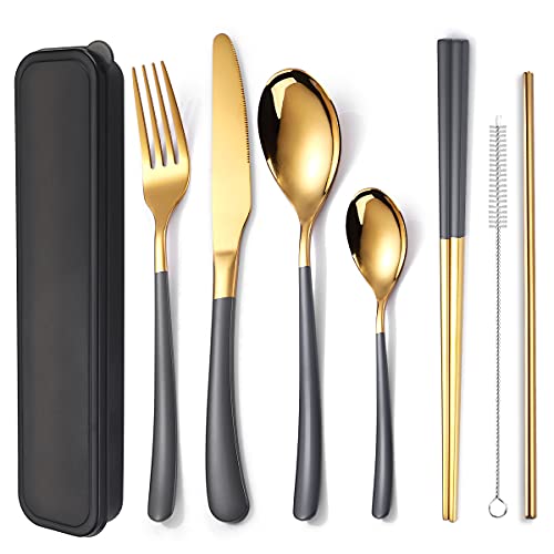 AARAINBOW 7 Pieces Stainless Steel Flatware Set Portable Reusable Cutlery Set Travel Utensils Set Including Chopsticks Knife Fork Spoon Straws Cleaning Brush Dishwasher Safe (7 Blue Golden)